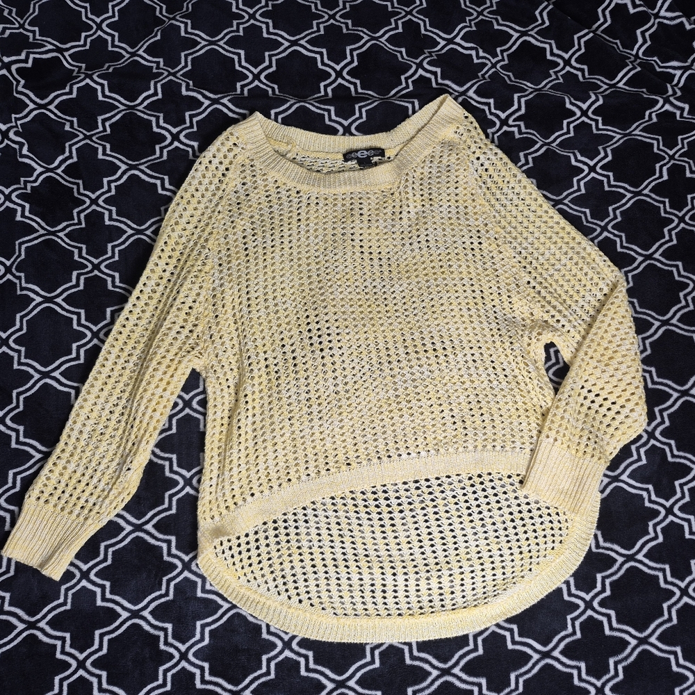 L Yellow White Crochet Hi Lo Sweater